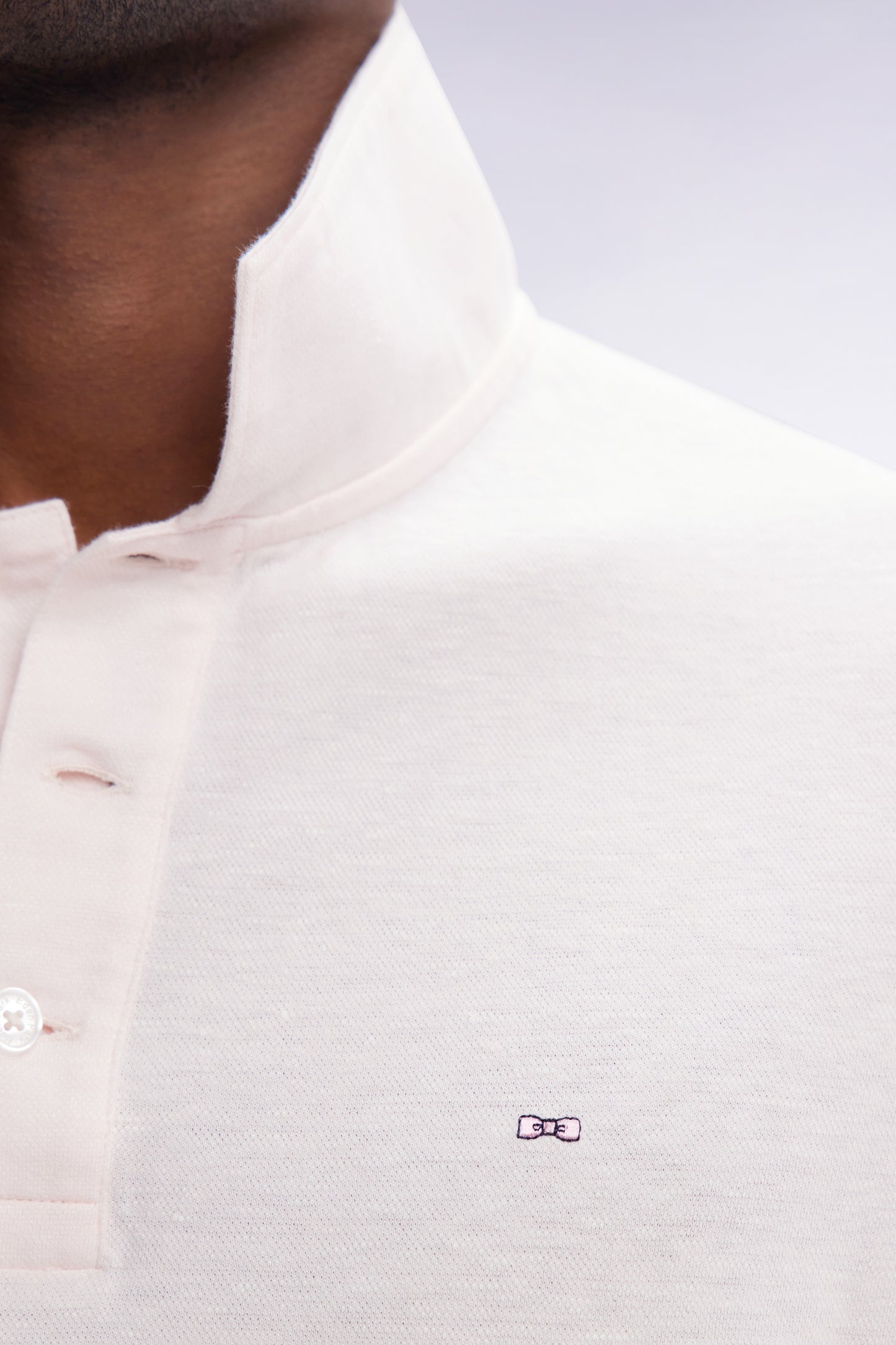 Straight-fit short-sleeved polo shirt in pink cotton-linen blend