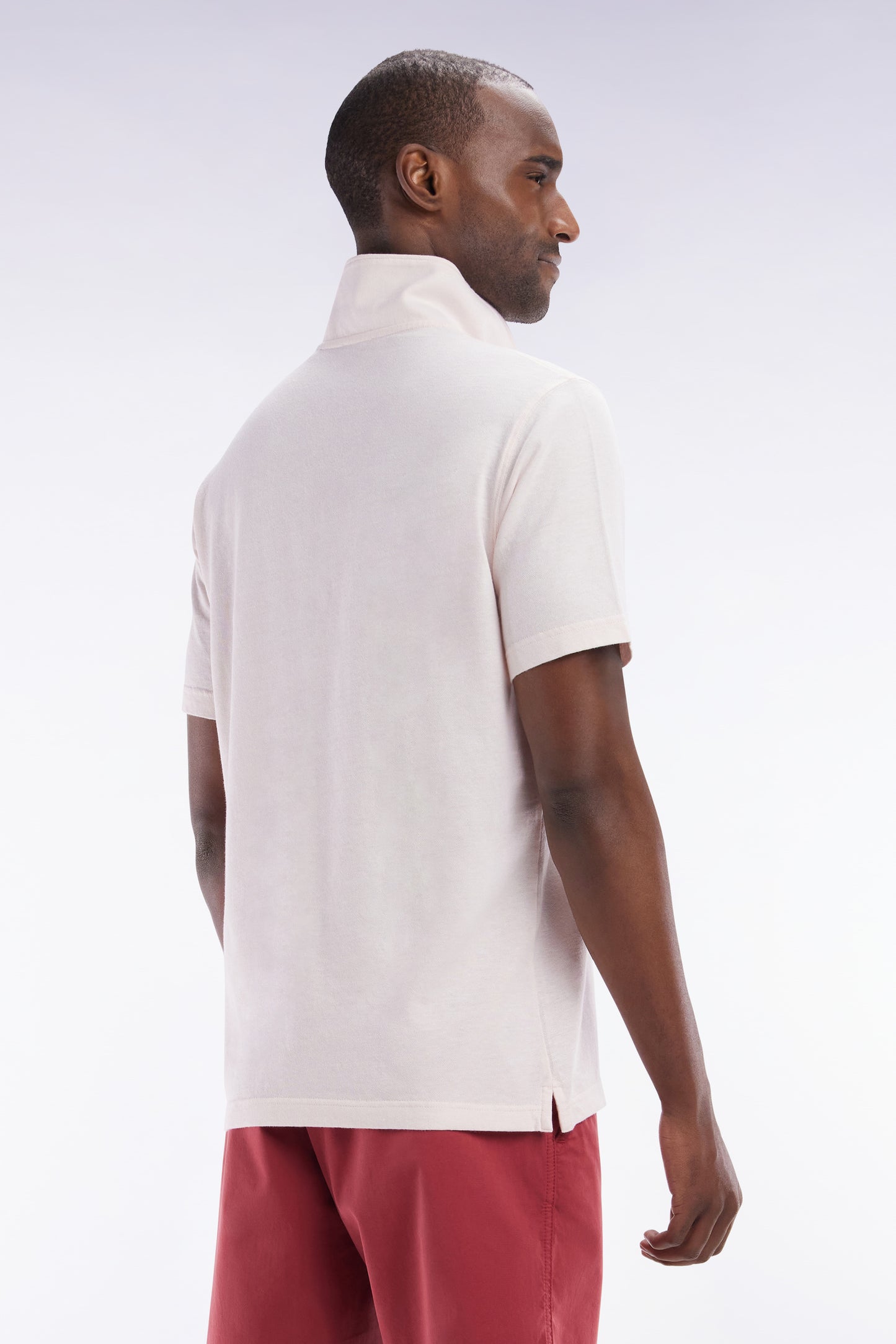 Straight-fit short-sleeved polo shirt in pink cotton-linen blend
