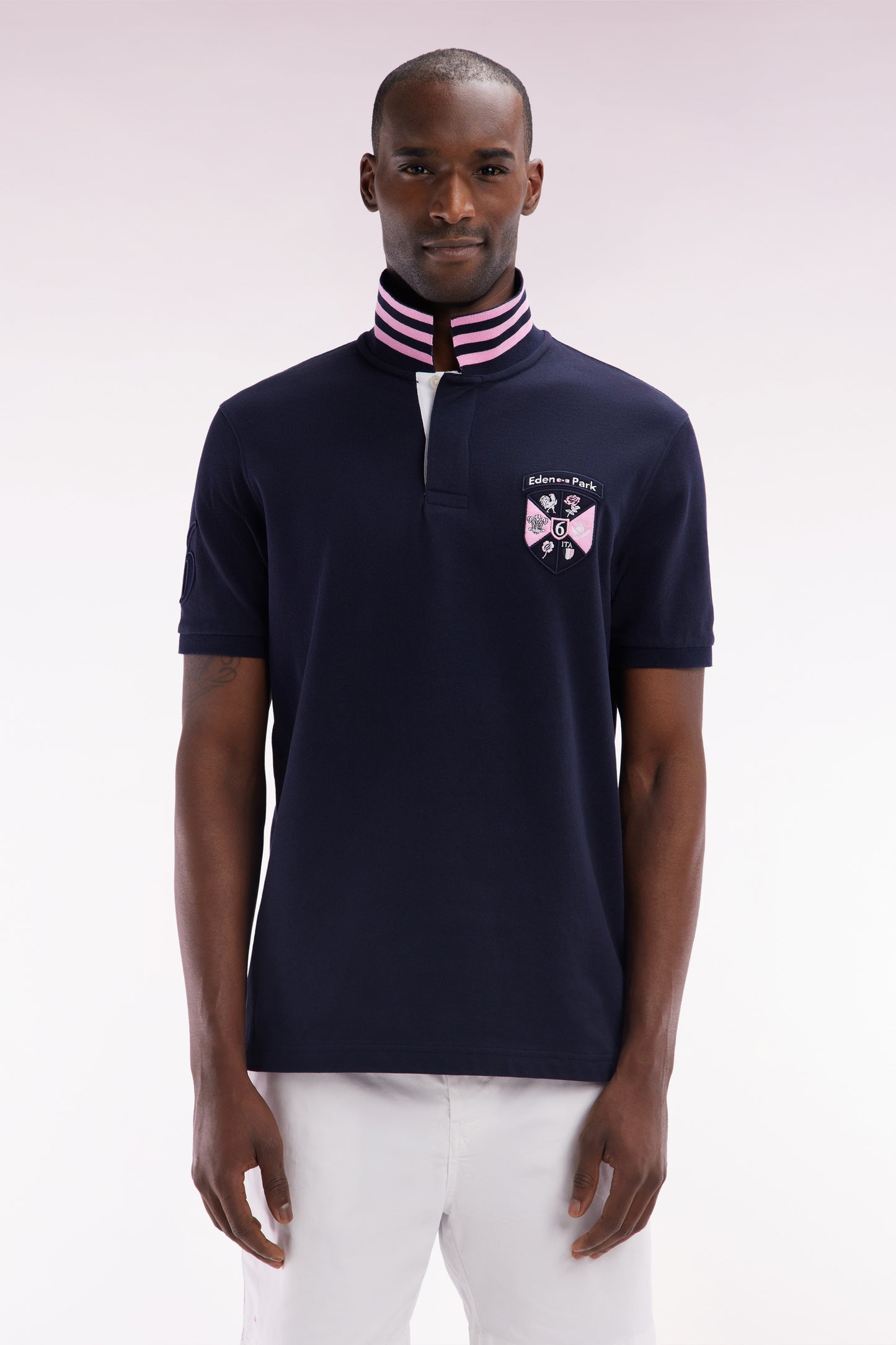 Straight-fit 6 Nations short-sleeved polo shirt in navy cotton piqué