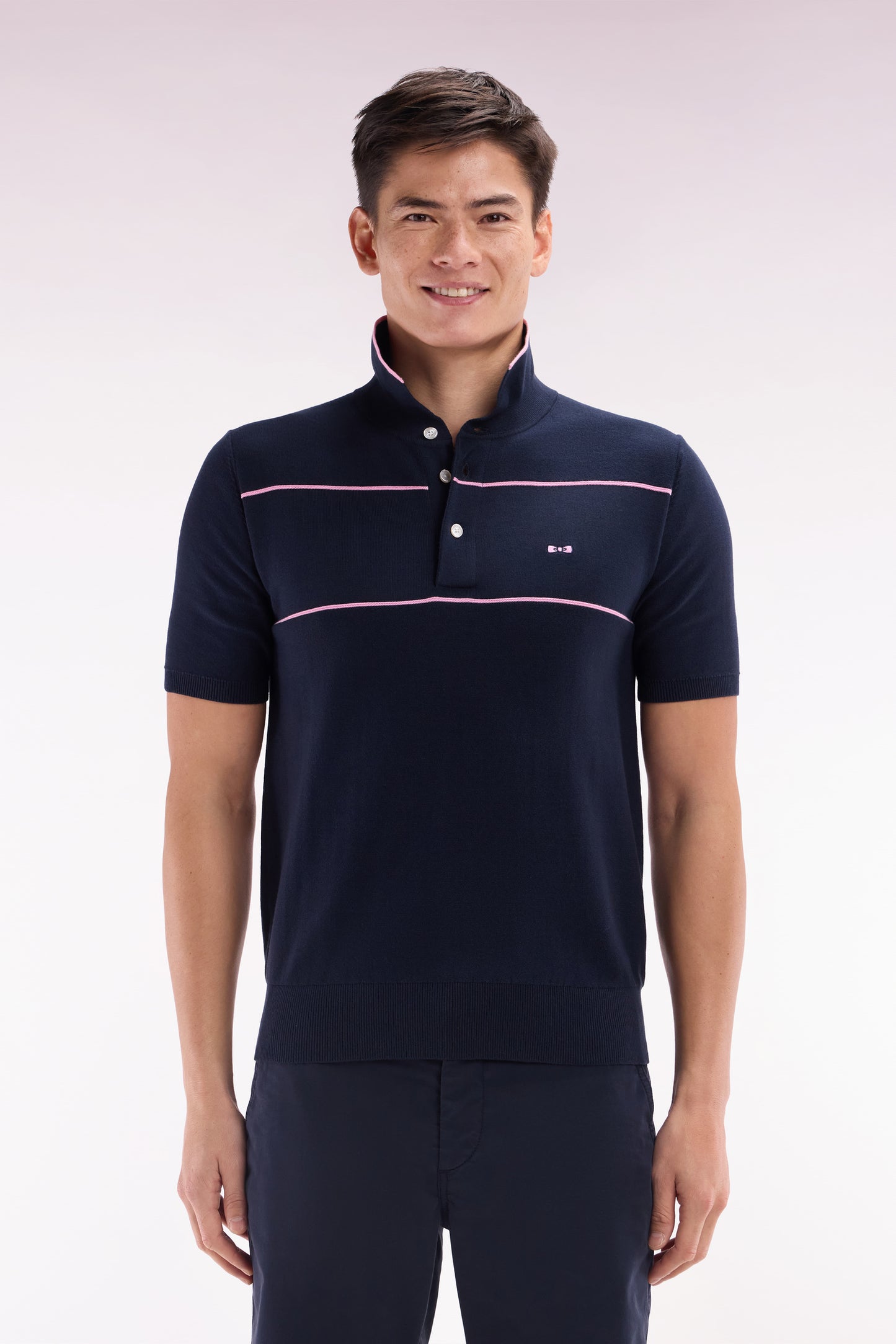 Straight-fit short-sleeved jumper with polo collar in navy and pink cotton