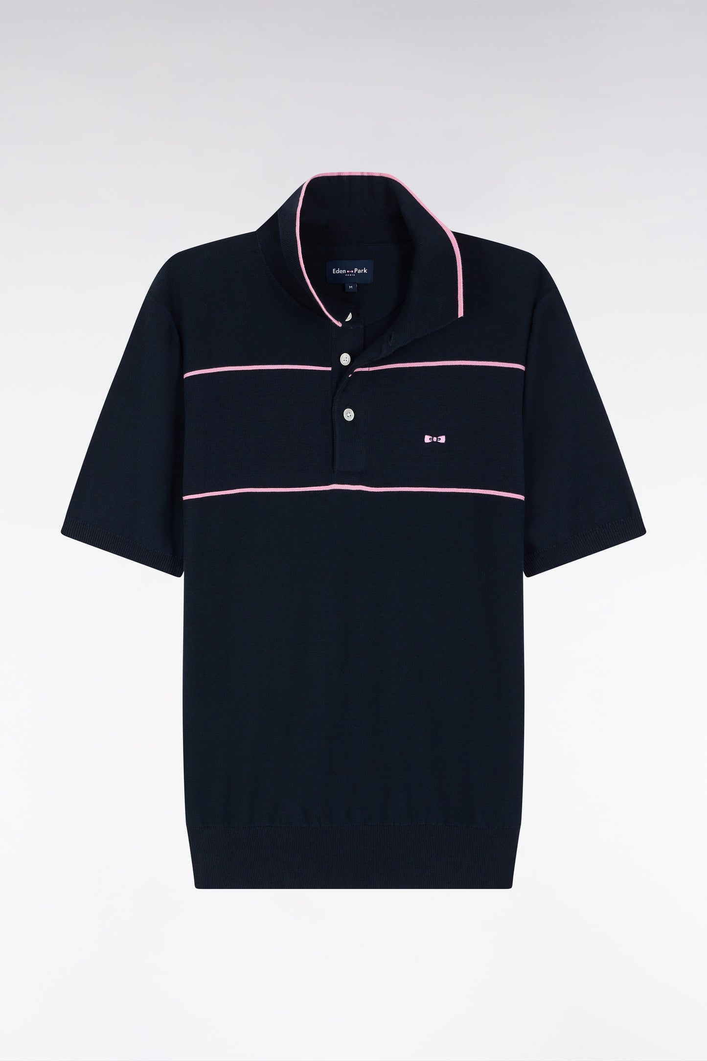 Straight-fit short-sleeved jumper with polo collar in navy and pink cotton