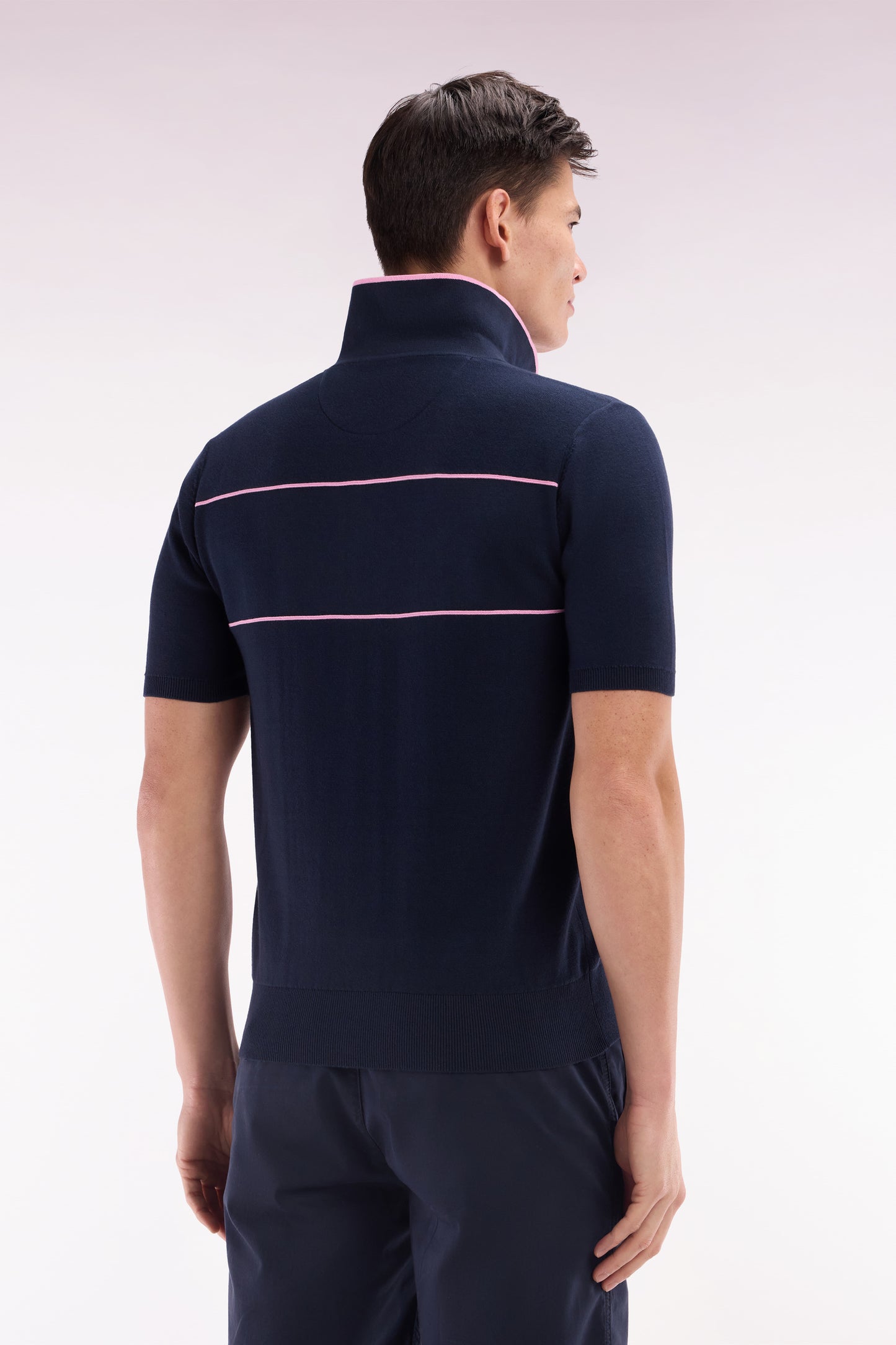 Straight-fit short-sleeved jumper with polo collar in navy and pink cotton