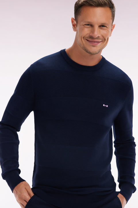 Straight-fit navy cotton knit round-neck jumper - Image 2