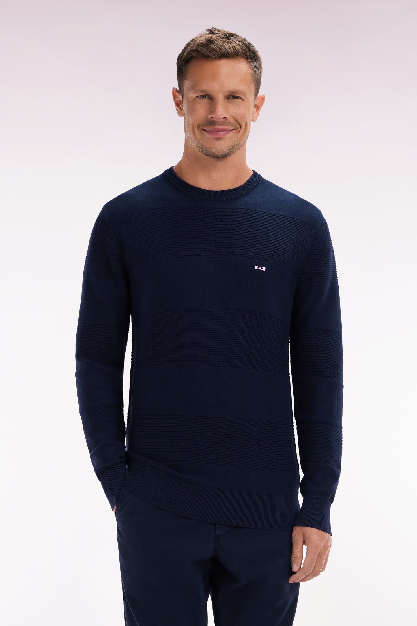 Straight-fit navy cotton knit round-neck jumper