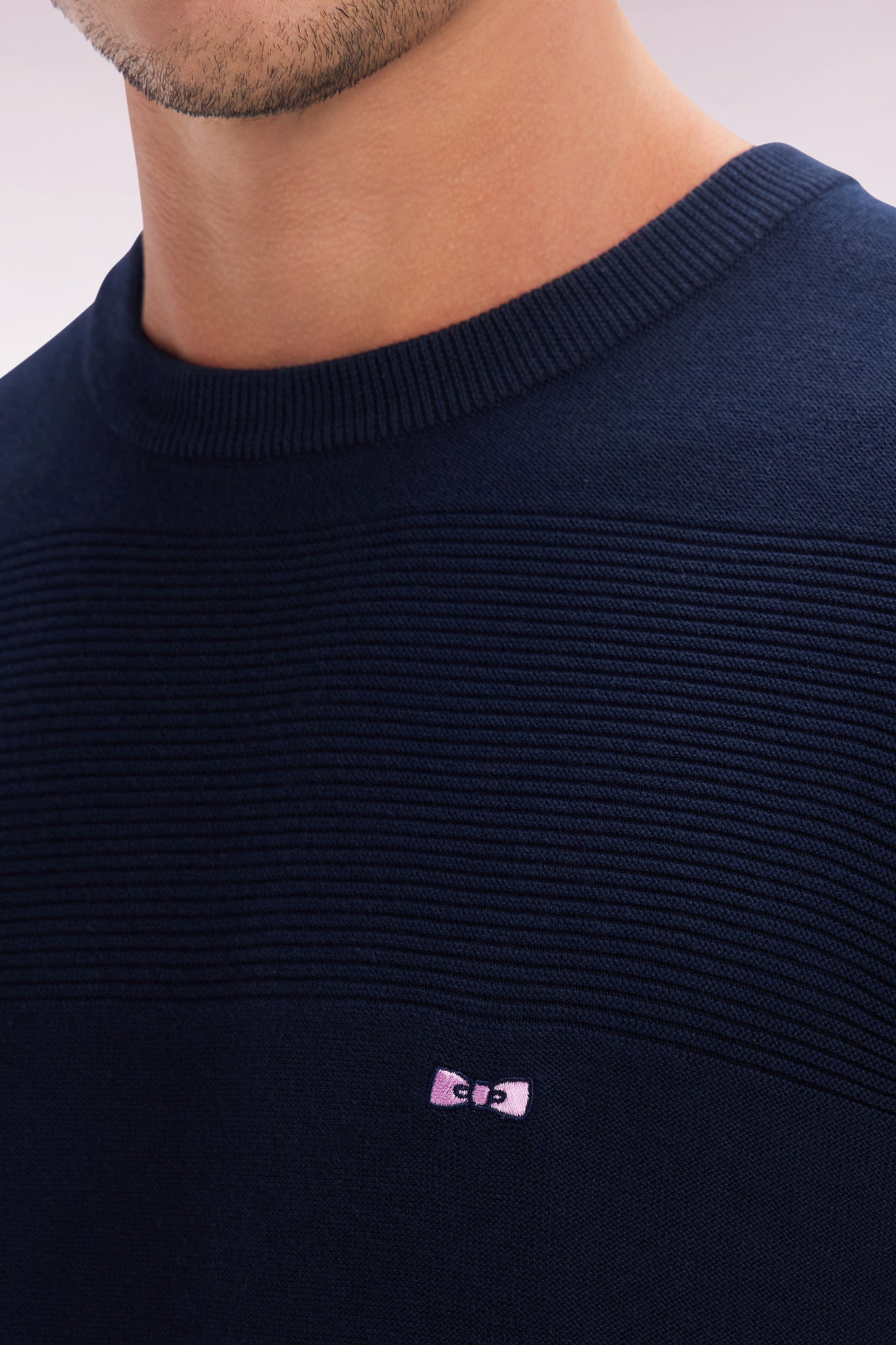 Straight-fit navy cotton knit round-neck jumper