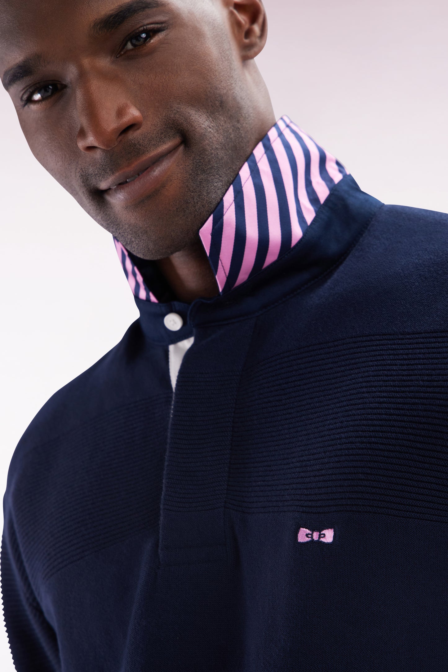 Straight-fit navy cotton jersey collar jumper with striped details