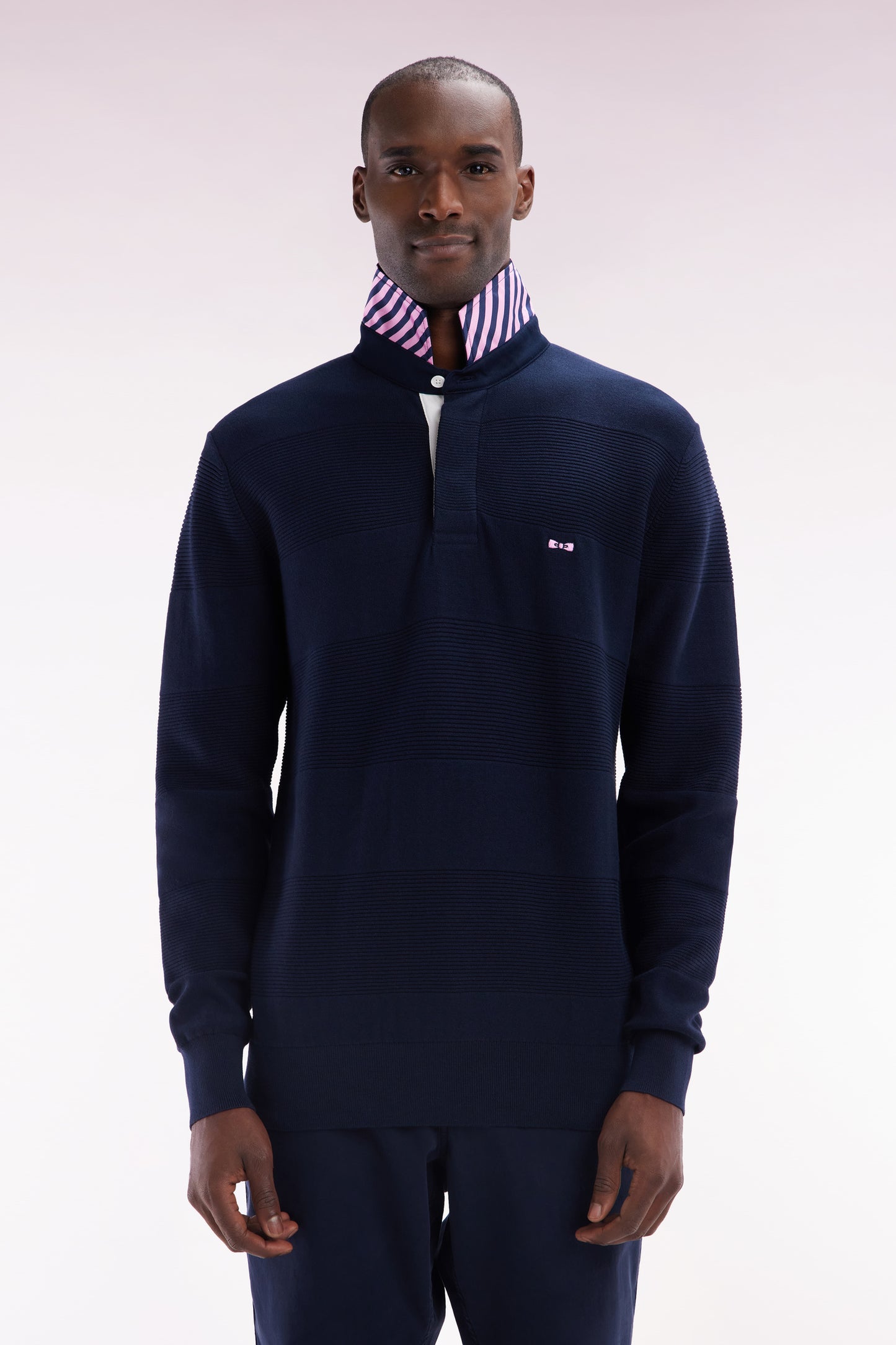 Straight-fit navy cotton jersey collar jumper with striped details