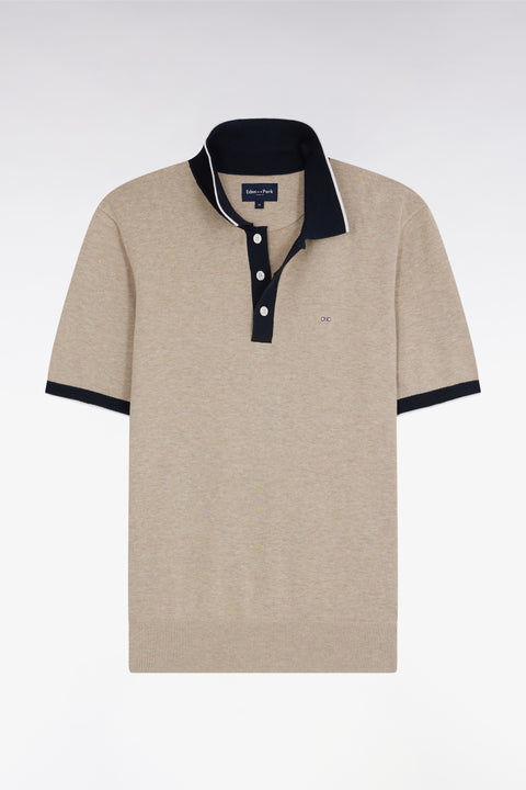 Pull manches courtes à col polo en coton beige coupe droite - Image 1