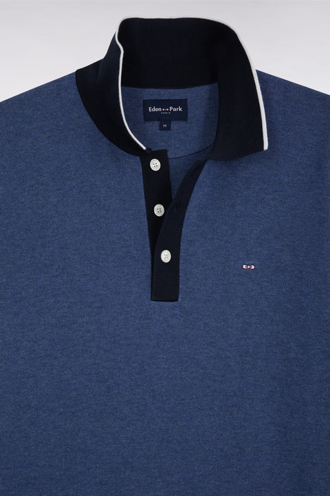 Pull manches courtes à col polo en coton bleu coupe droite - Image 2