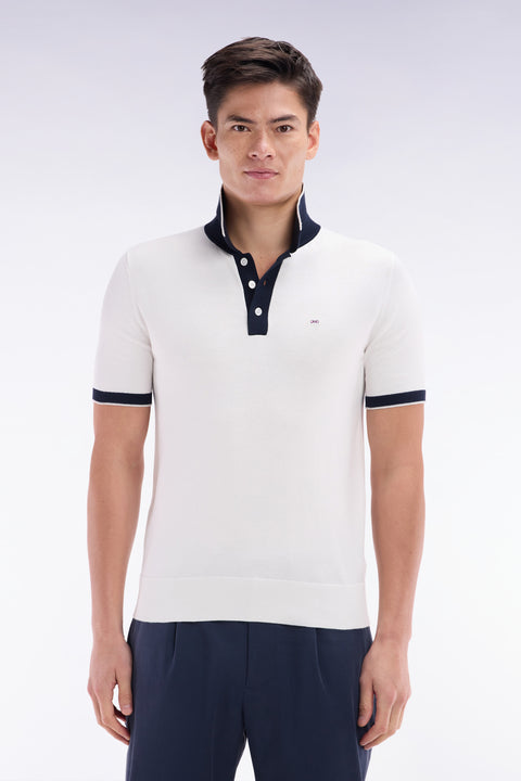Pull manches courtes à col polo en coton blanc coupe droite - Image 1