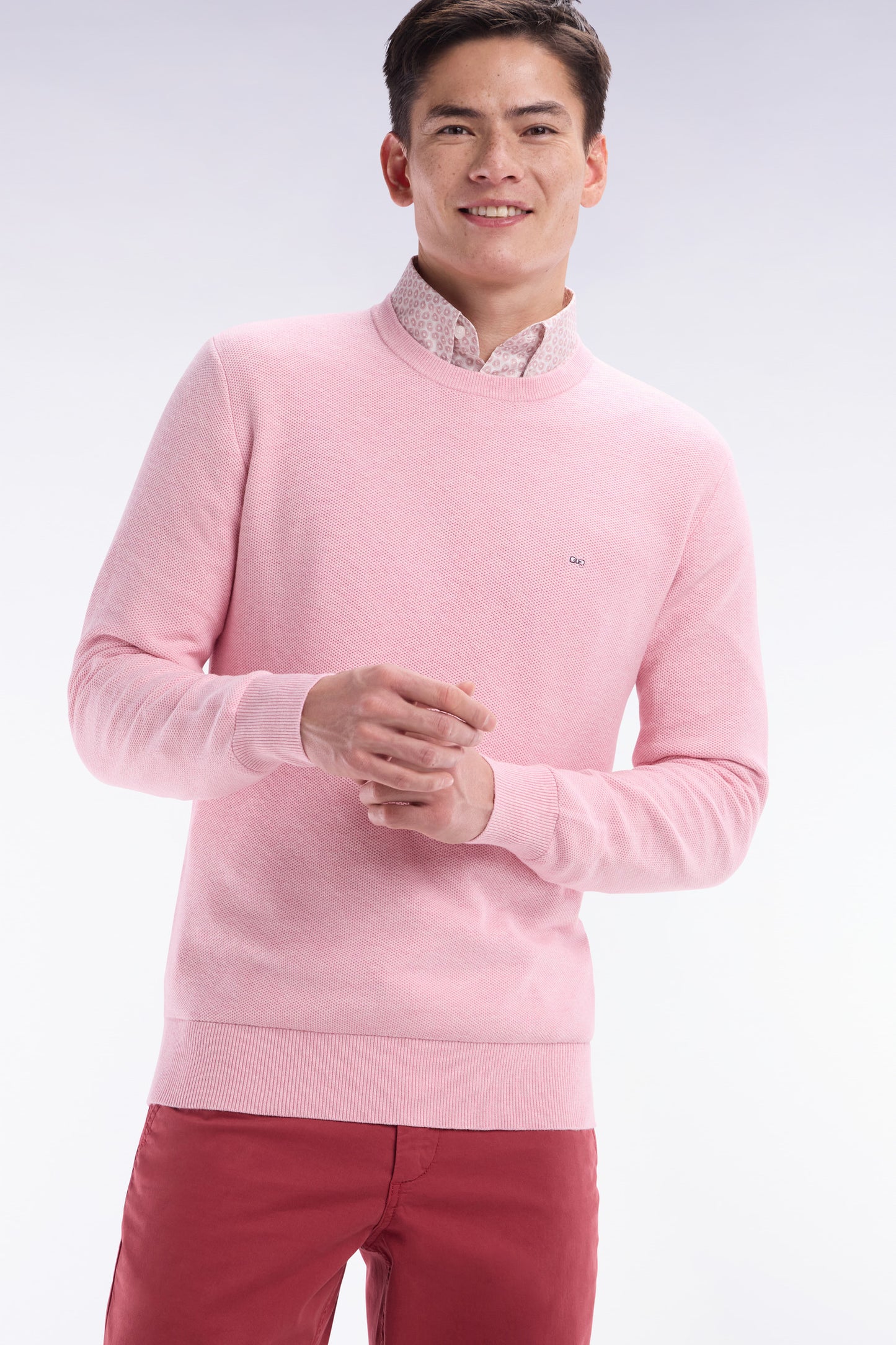 Pull col rond en coton nid d'abeille rose coupe droite
