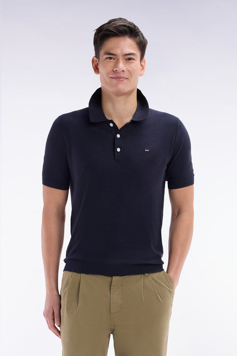 Pull manches courtes à col polo marine coupe droite - Image 1