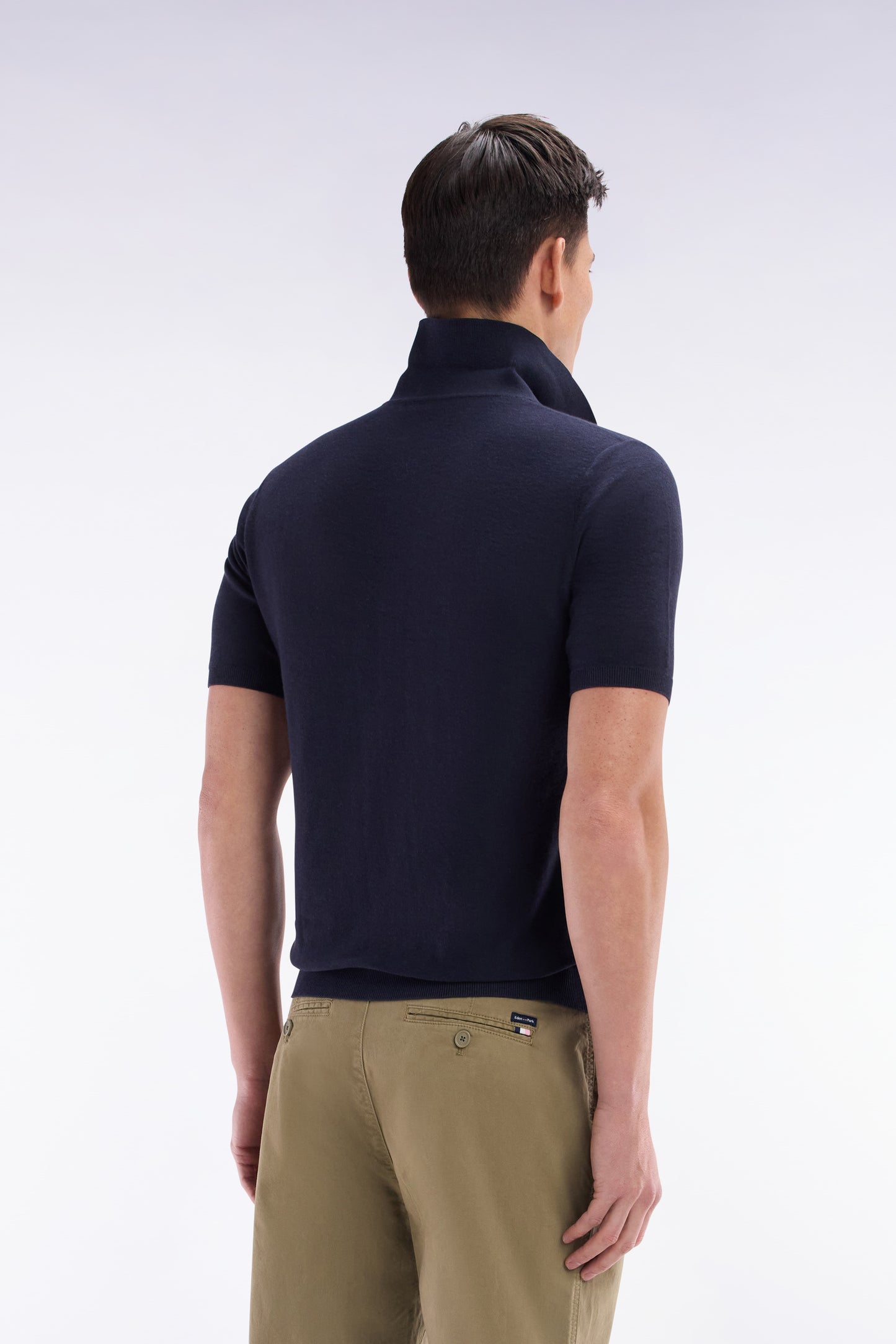 Straight-fit short sleeves navy polo collar jumper
