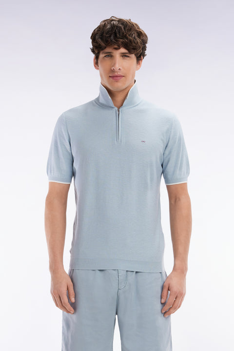Pull col polo en coton biologique et cachemire ciel coupe droite - Image 1