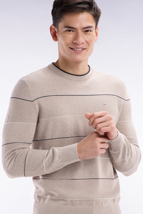Pull col rond cerclé en coton beige - Image 3