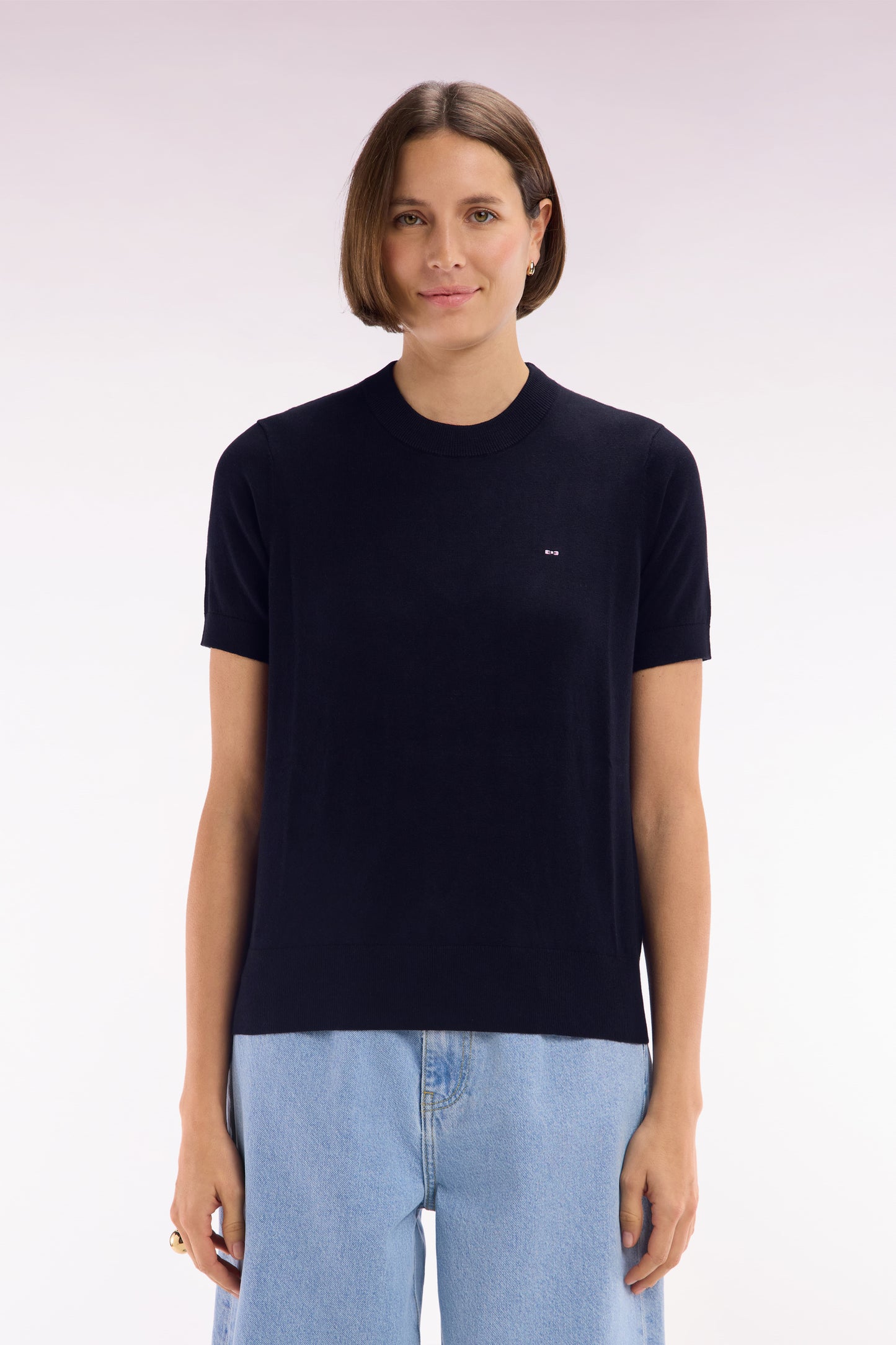 Straight-fit short-sleeved round-neck navy jumper in organic cotton cashmere blend