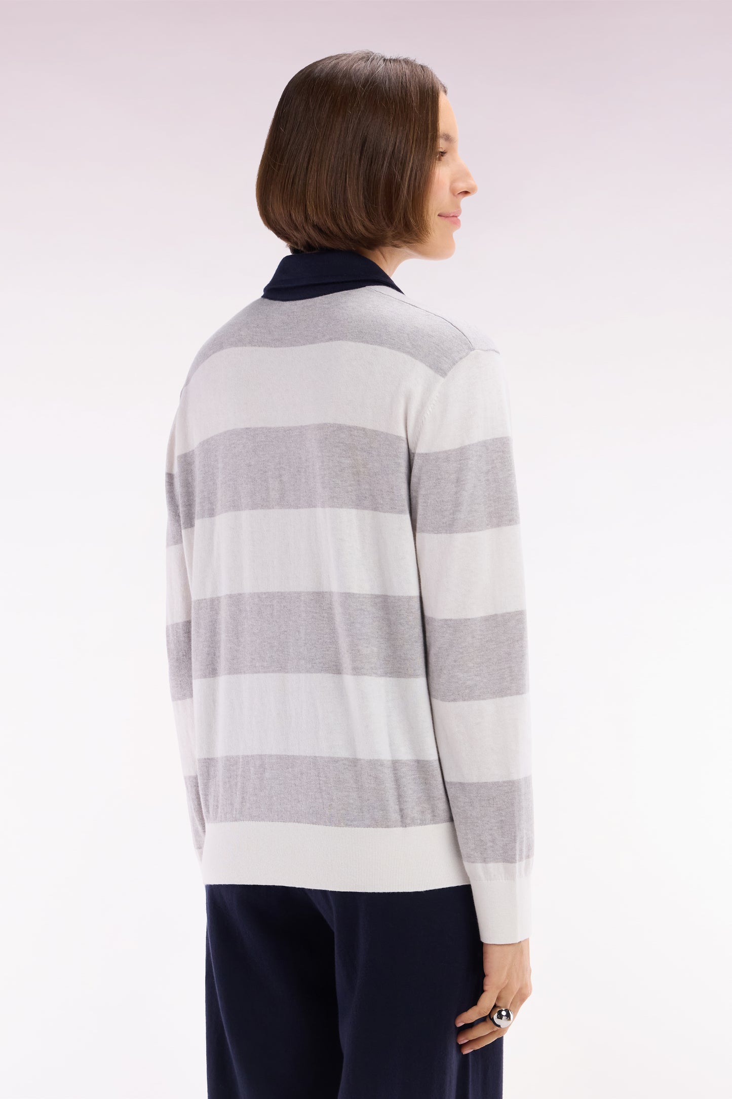 Relaxed-fit striped grey jumper with a rugby shirt collar in organic cotton and cashmere blend