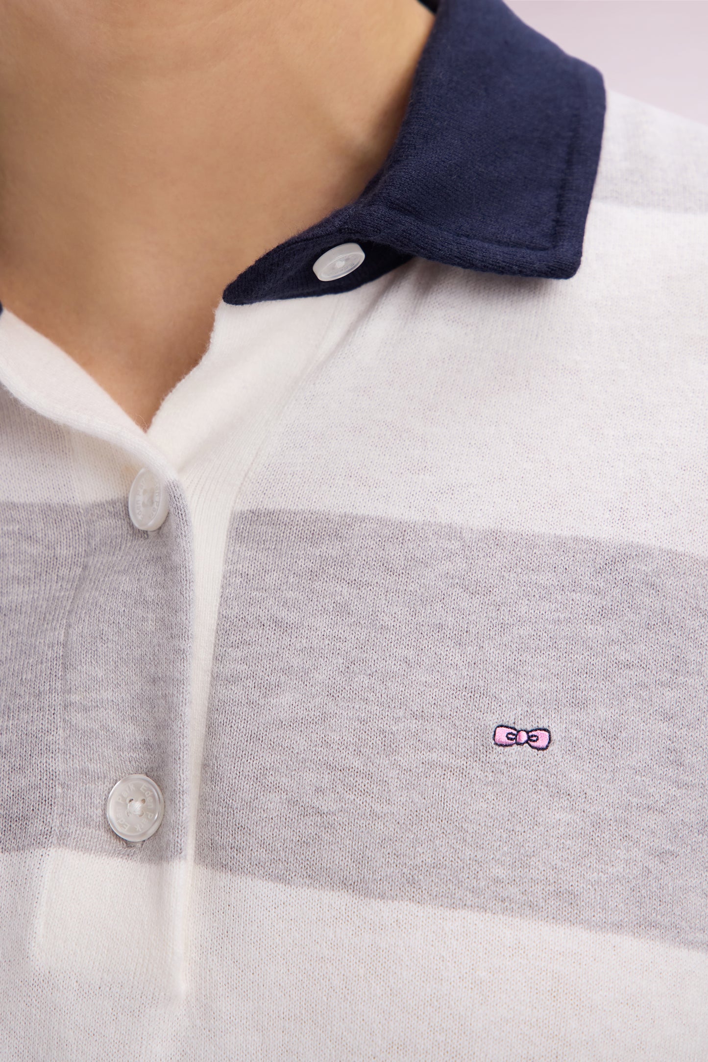 Relaxed-fit striped grey jumper with a rugby shirt collar in organic cotton and cashmere blend