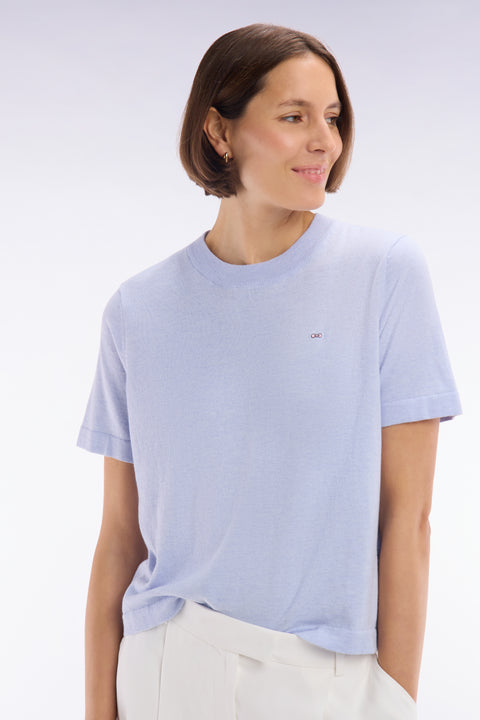 Pull fin à manches courtes et col rond en coton et soie mélangés gris coupe décontractée - Image 1