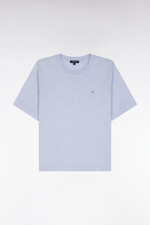 Pull fin à manches courtes et col rond en coton et soie mélangés gris coupe décontractée - Image 2