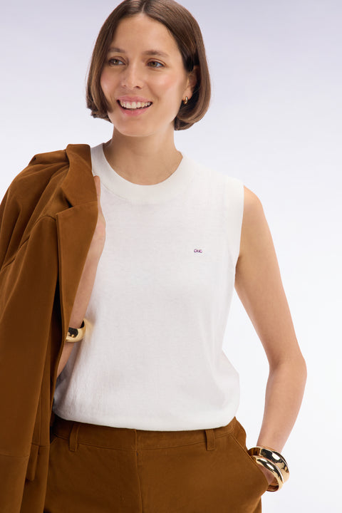 Relaxed-fit tank top jumper with round neck in ecru cotton and silk thin blend - Image 1
