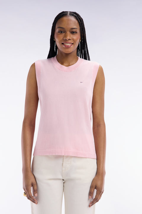 Pull débardeur fin à col rond en coton et soie mélangés rose coupe décontractée - Image 3