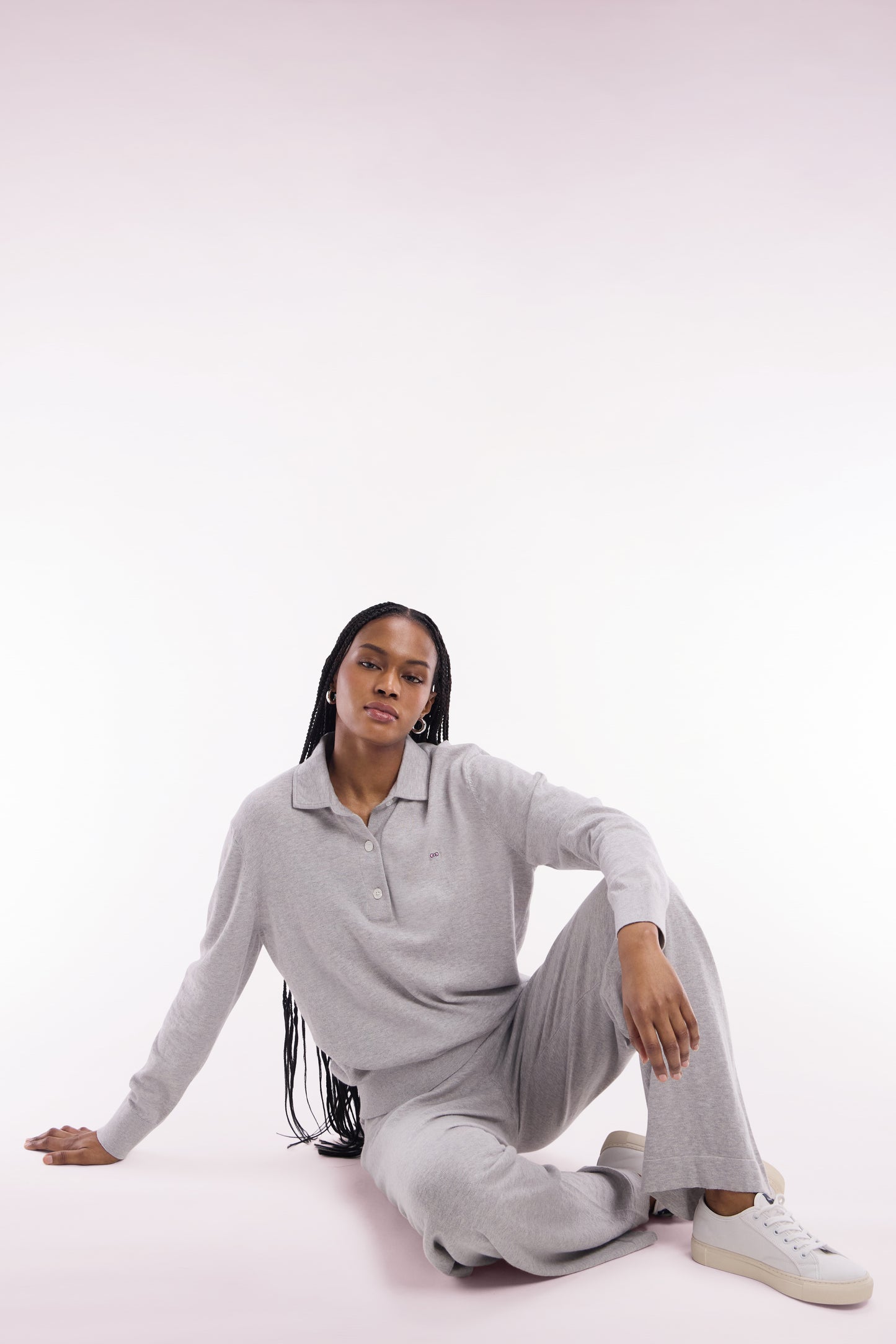 Relaxed-fit grey rugby shirt collar jumper in organic cotton and cashmere blend