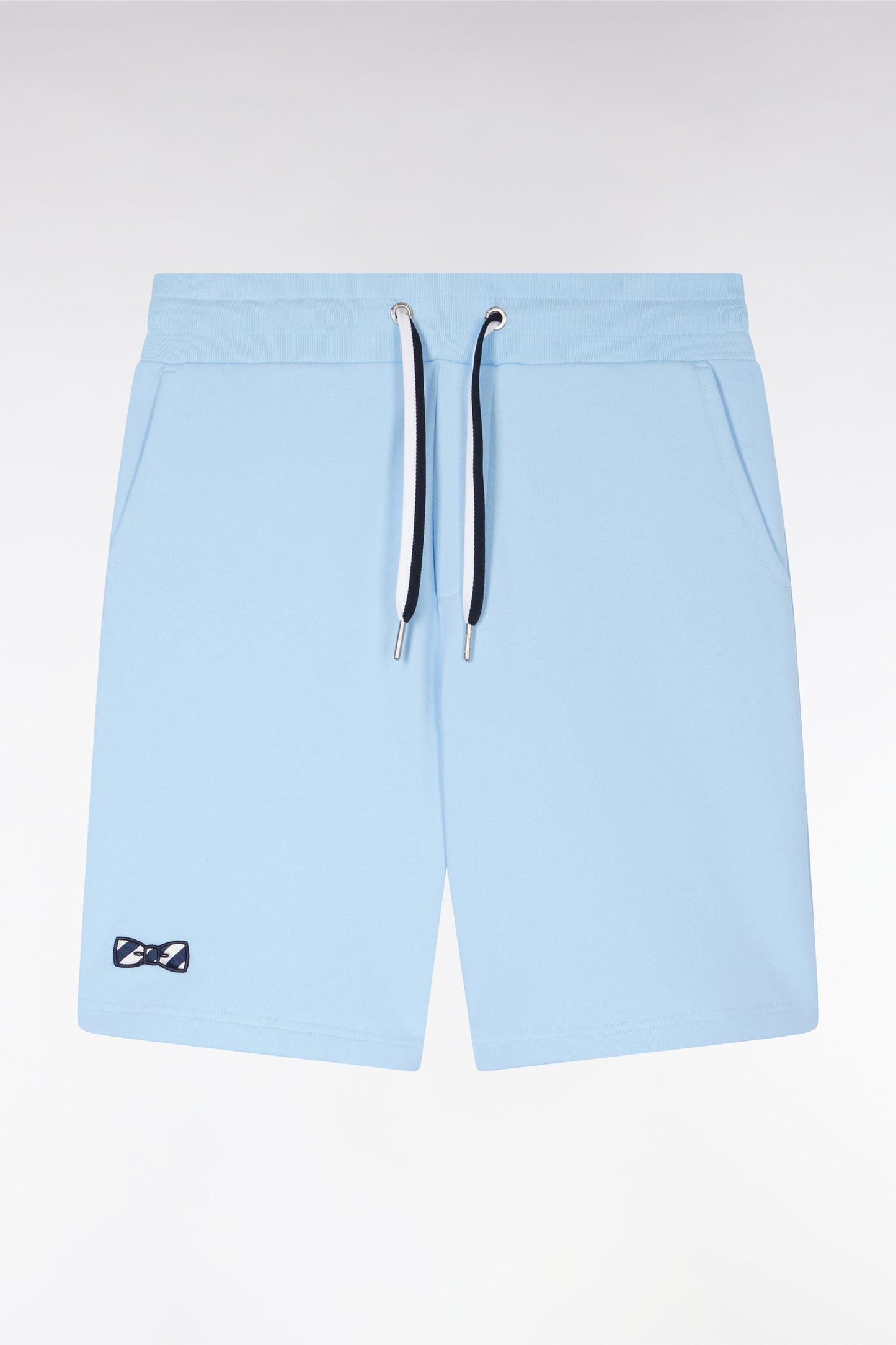Relaxed-fit sky blue cotton fleece shorts with a striped bow tie embroidery