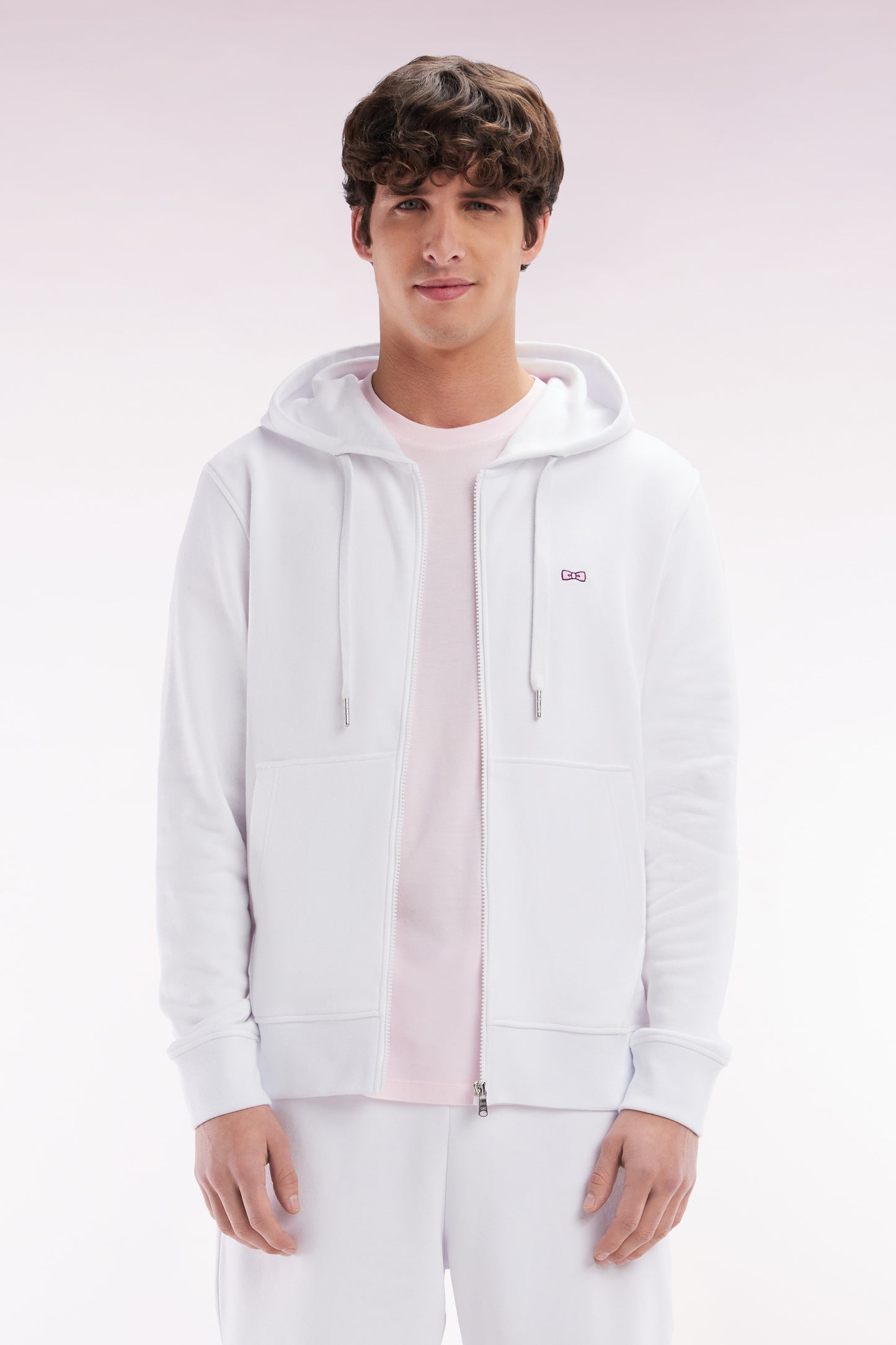 Straight-fit white cotton fleece zip-up sweatshirt