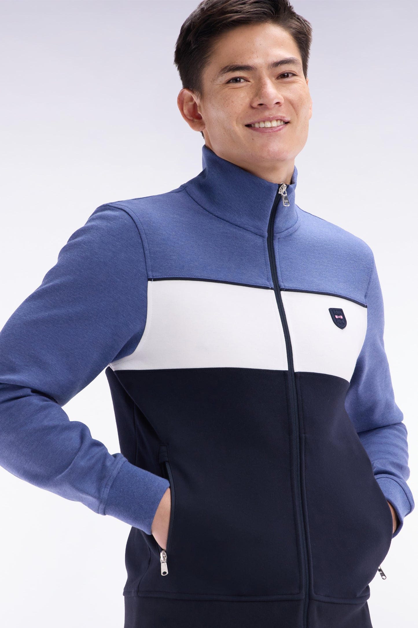 Straight-fit zip-up sweatshirt in dark blue cotton interlock