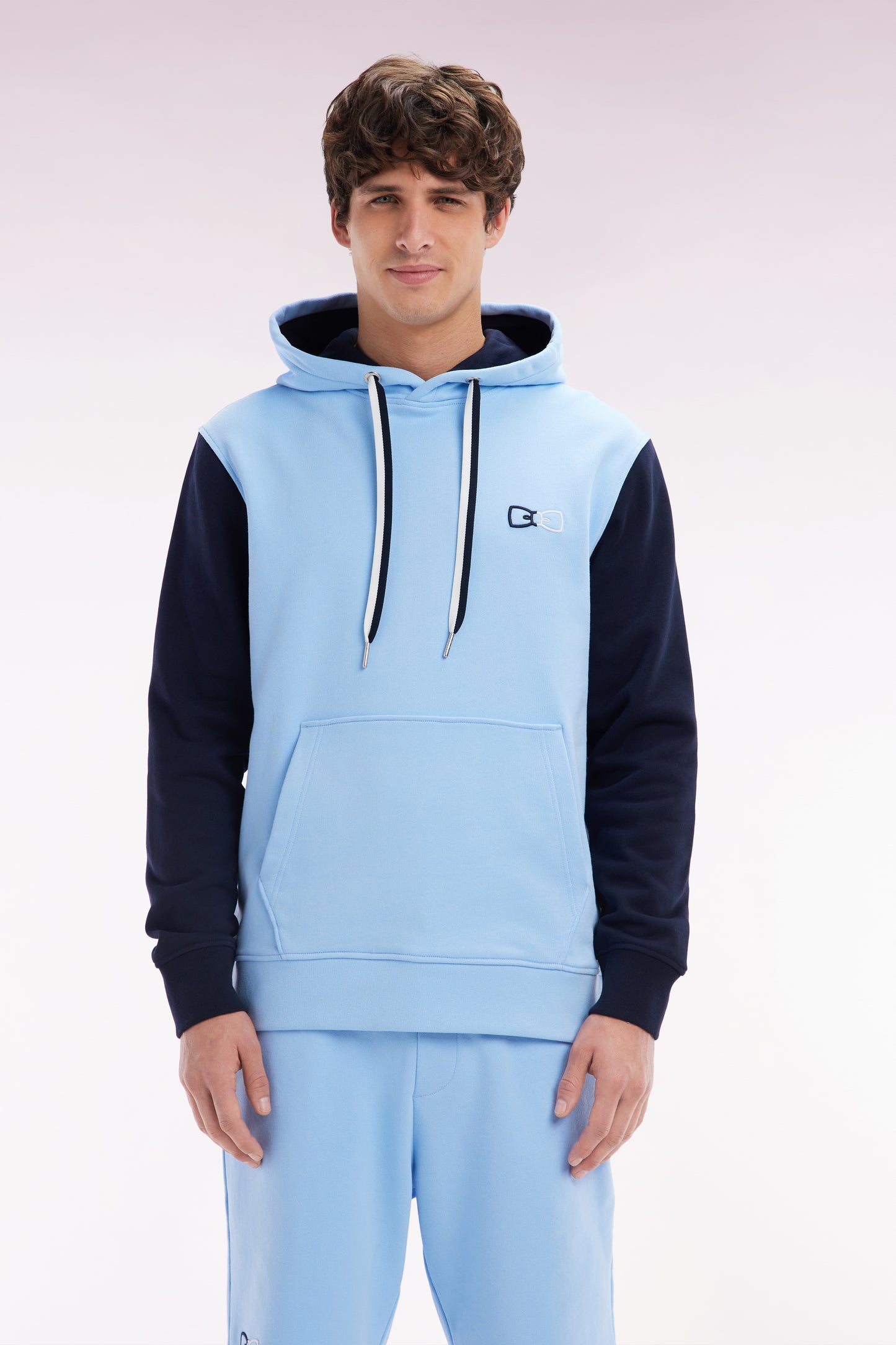 Relaxed-fit navy cotton hoodie with two-tone back embroidery