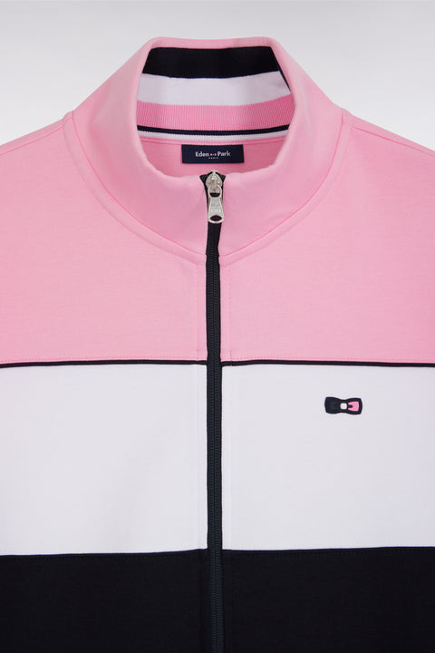 Straight-fit pink tricolor stretch cotton fleece zip-up sweatshirt - Image 2