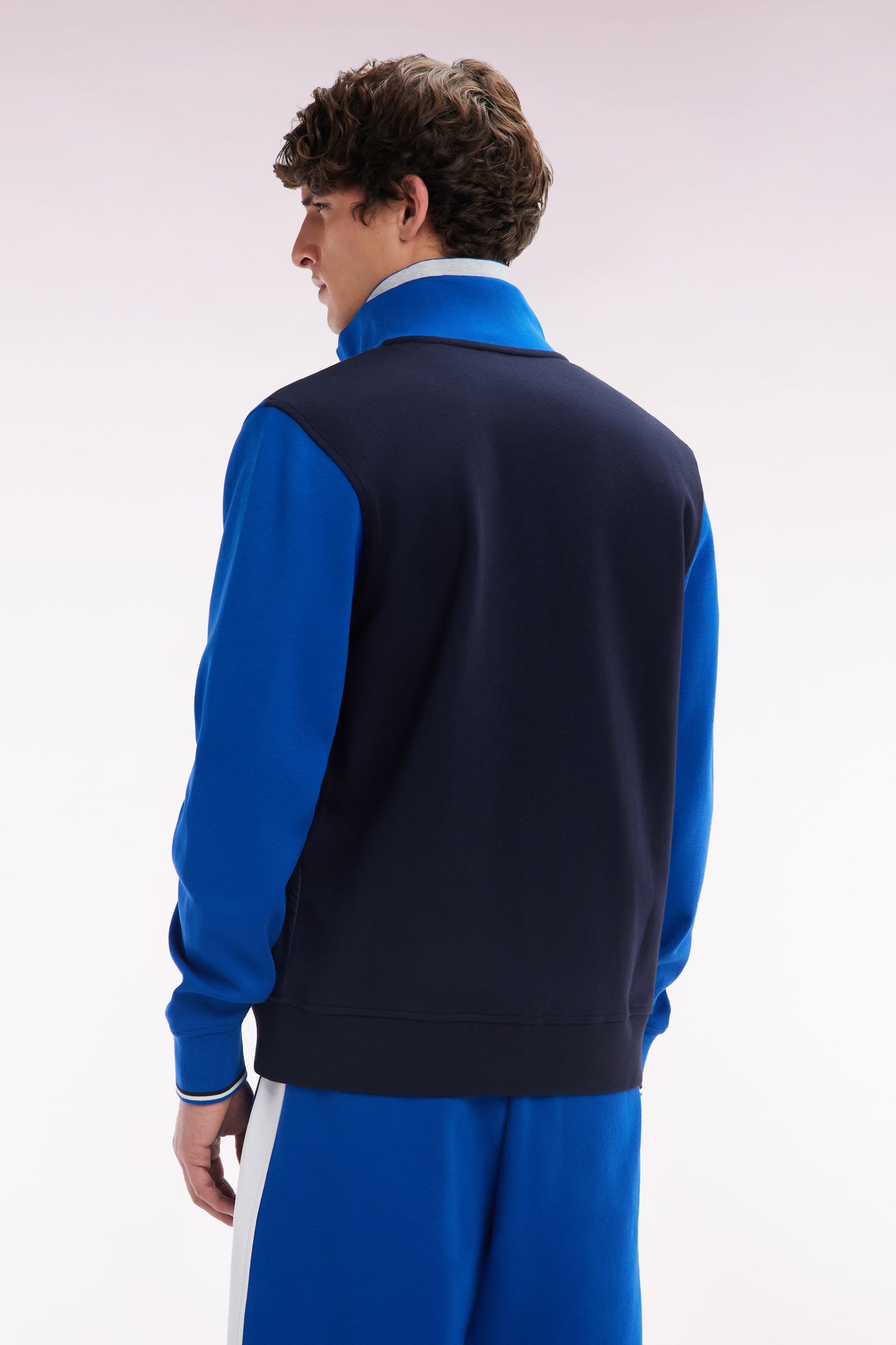 Straight-fit two-material zip-up sweatshirt in navy stretch cotton fleece with quilted facing