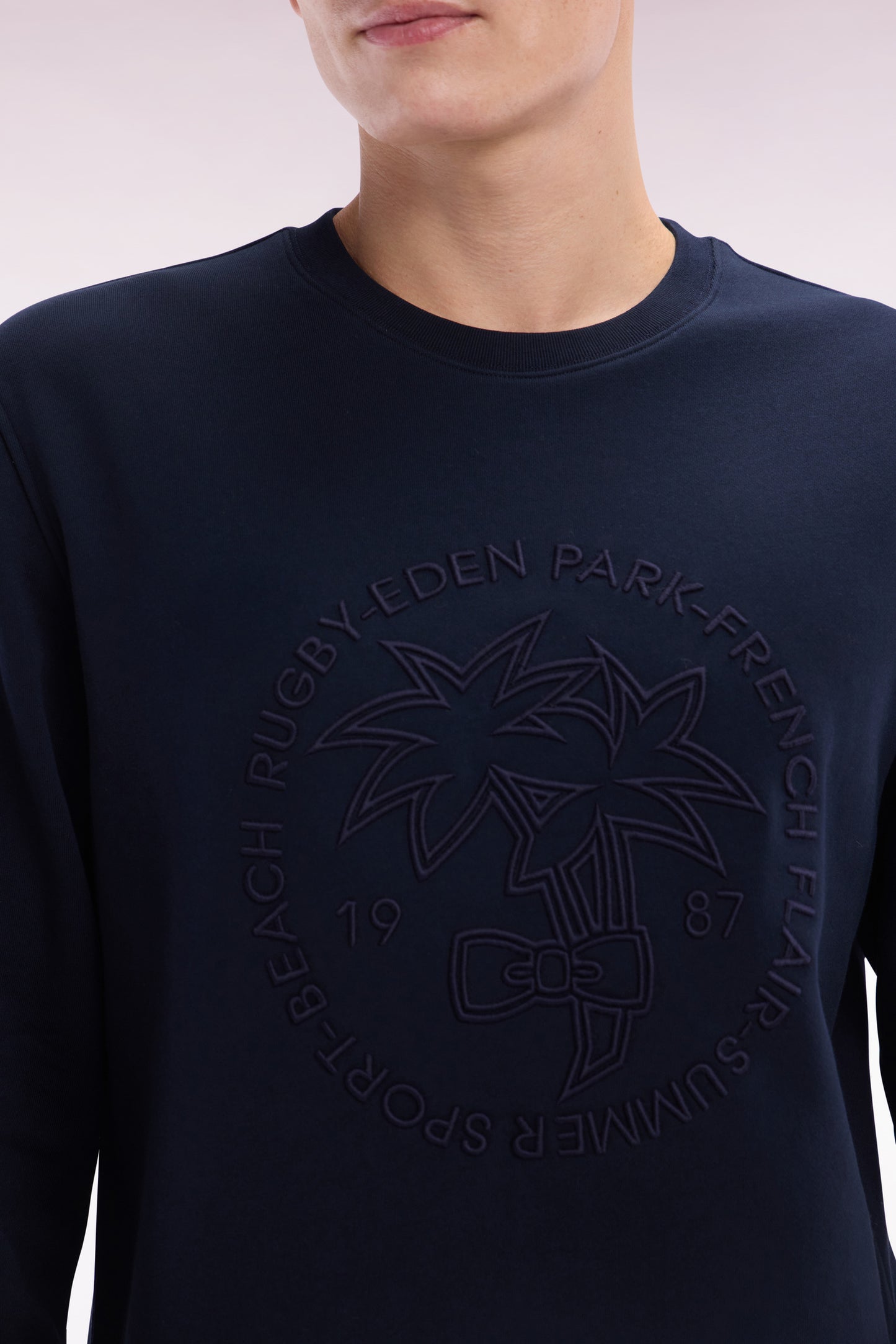 Relaxed-fit navy cotton fleece sweatshirt with tone-on-tone palm tree embroidery