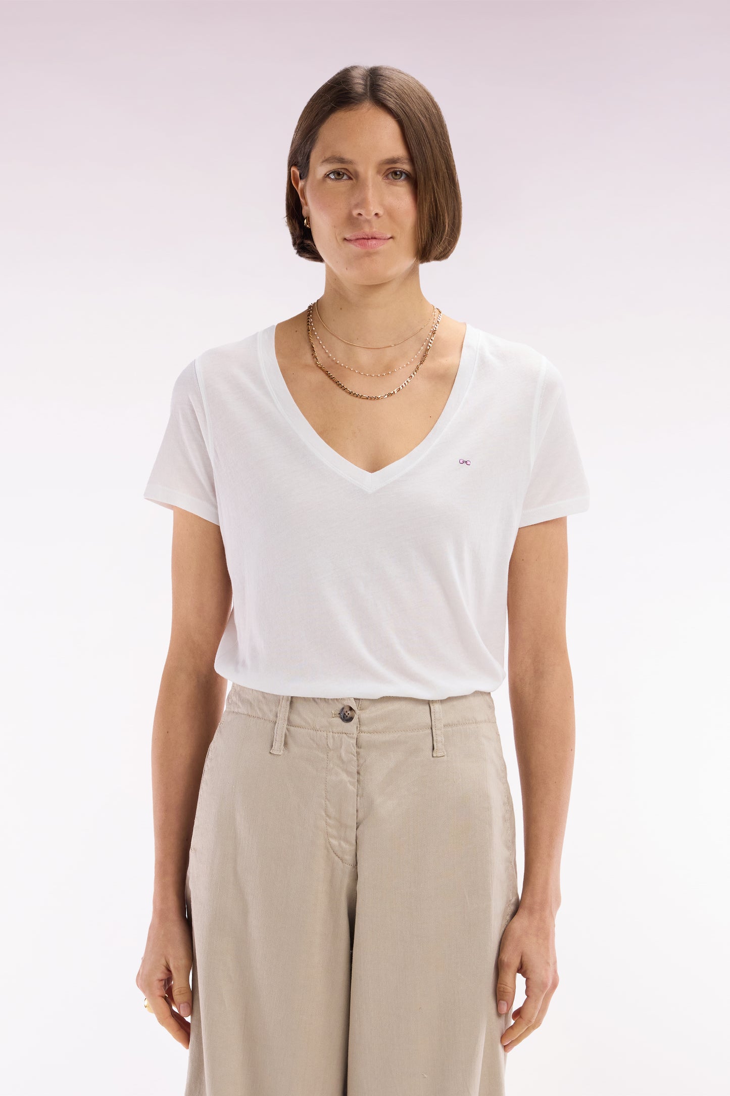 T-shirt à col V en jersey de coton Pima léger blanc coupe droite