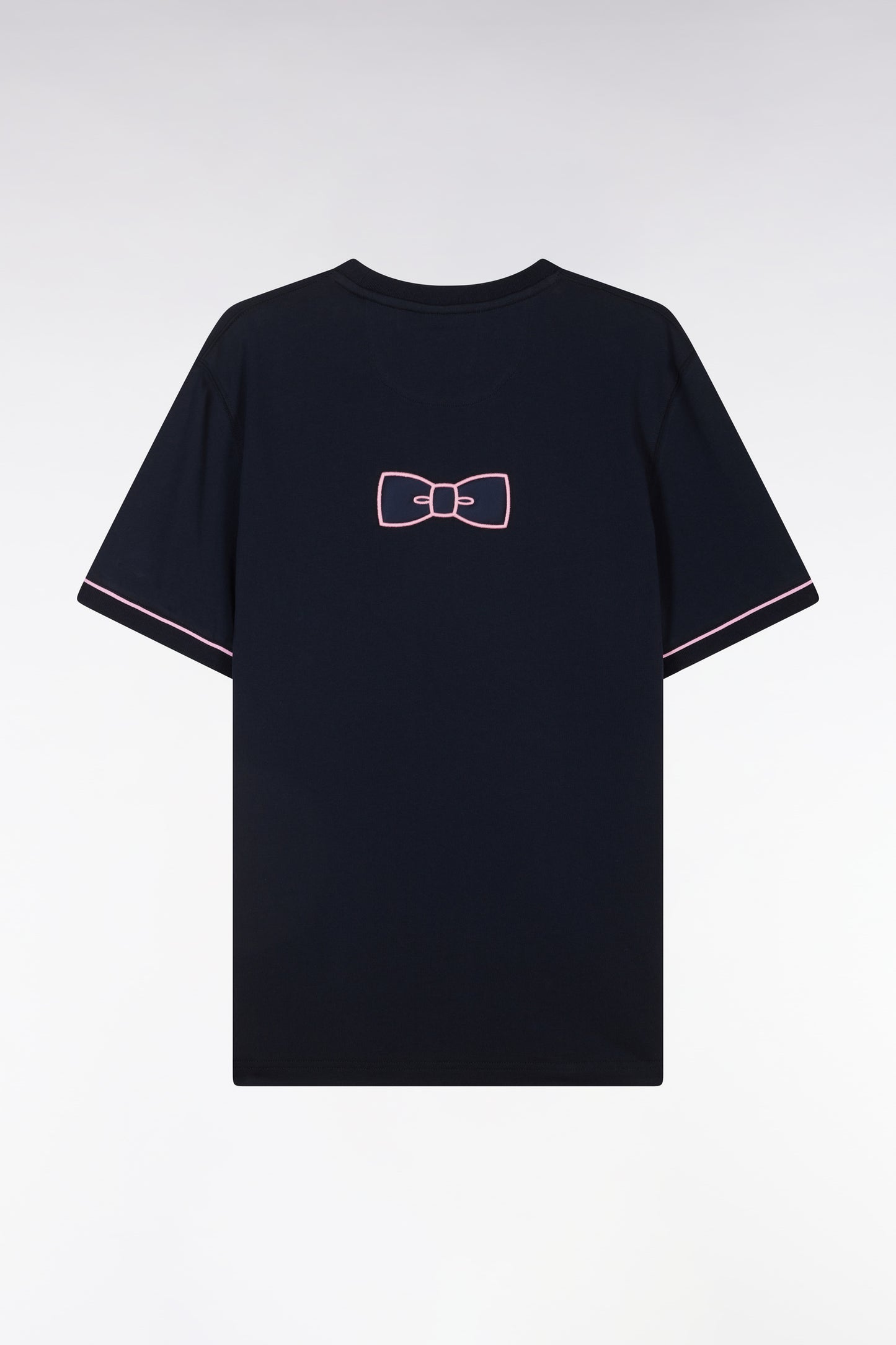 Straight-fit navy cotton T-shirt with embroidery and bow tie badge