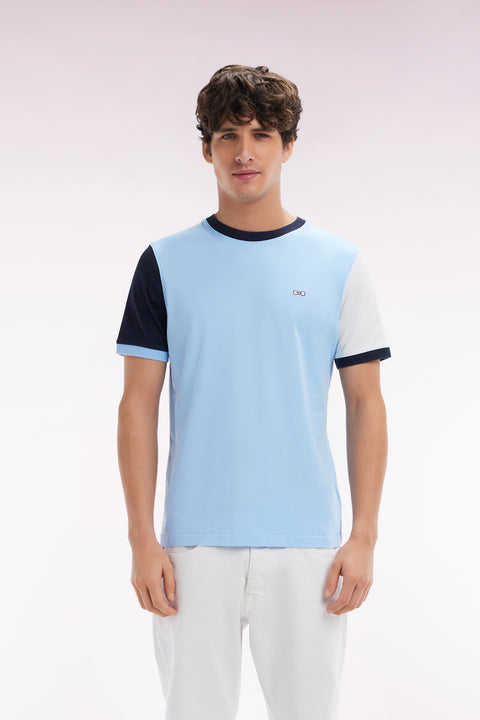 Straight-fit colorblock T-shirt in sky blue cotton with 10 embroidery - Image 1