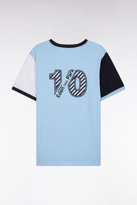 Straight-fit colorblock T-shirt in sky blue cotton with 10 embroidery - Image 2
