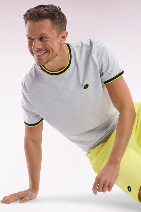 T-shirt en coton gris à bords-côtes verts coupe décontractée - Image 3