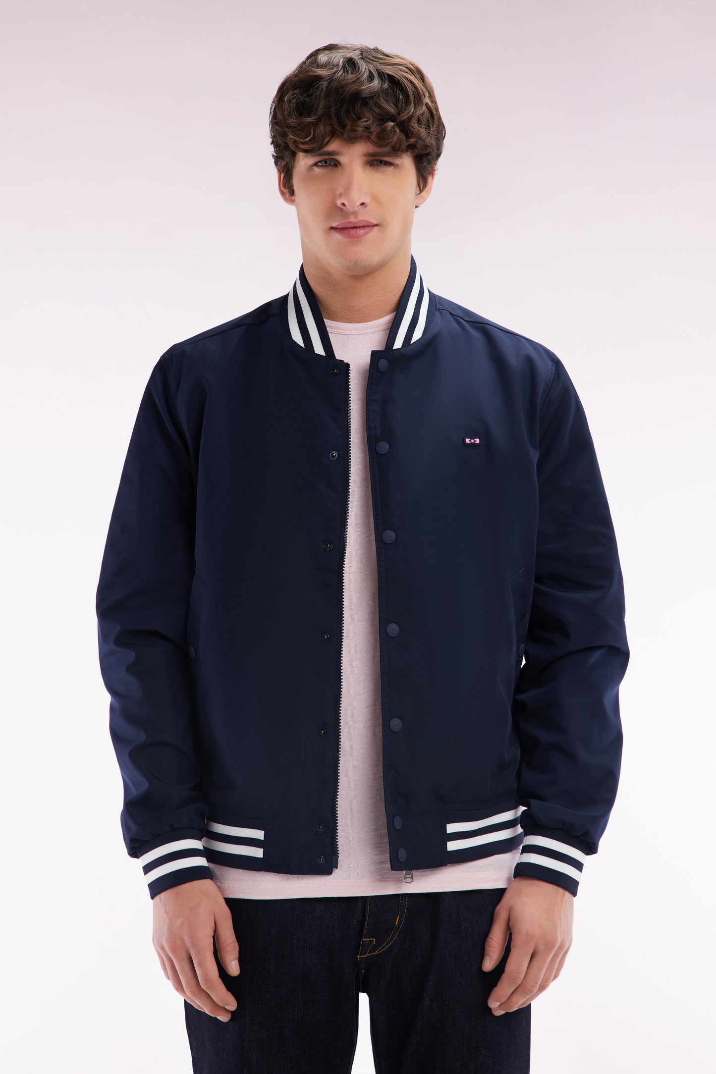Blouson teddy en polyamide marine bords-côtes rayés
