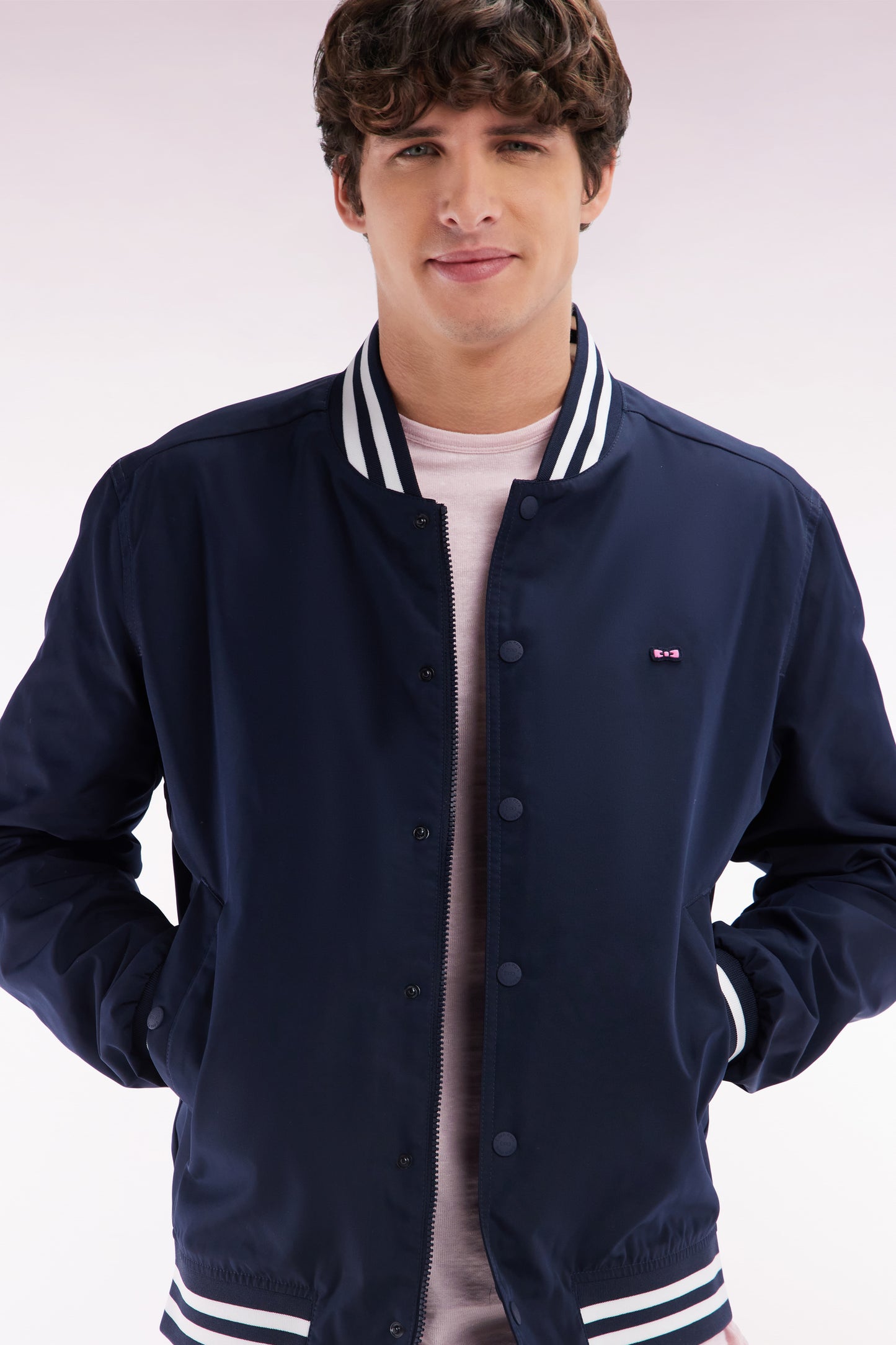 Blouson teddy en polyamide marine bords-côtes rayés