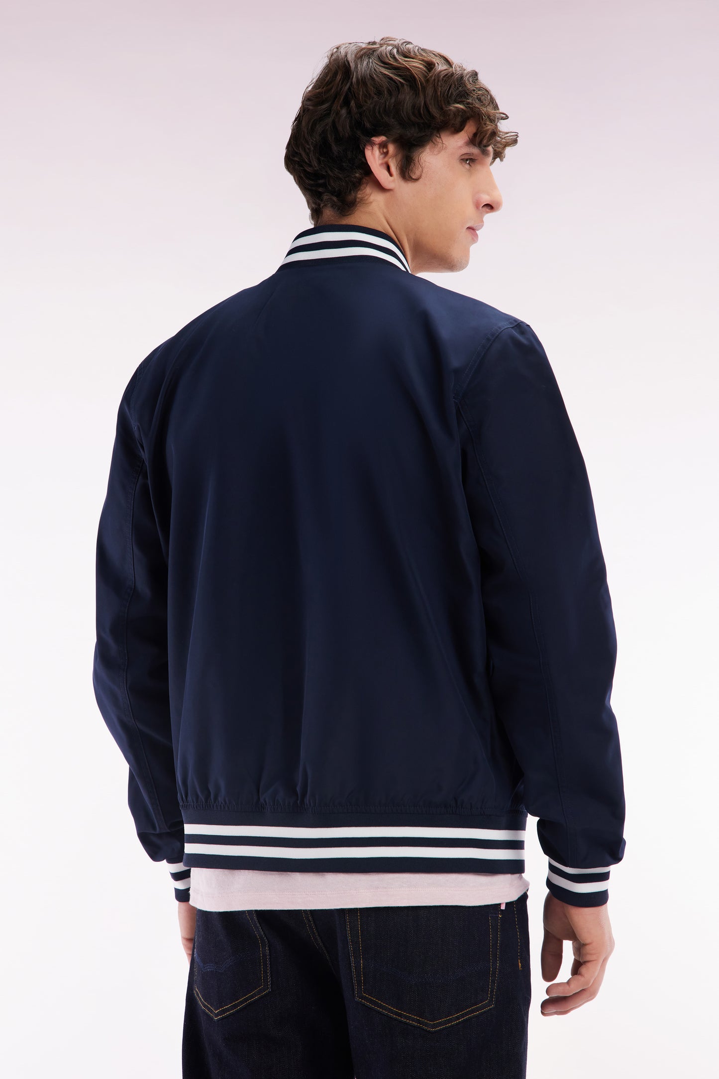 Blouson teddy en polyamide marine bords-côtes rayés