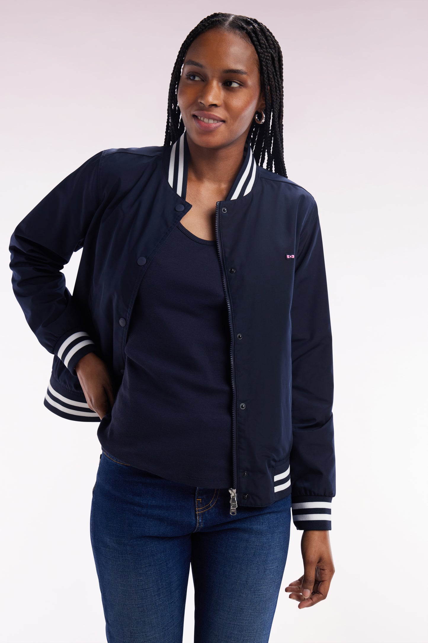 Navy zipped teddy jacket with striped ribbed edges