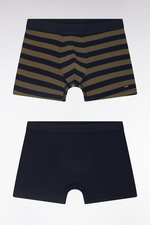 Lot de deux boxers unis et cerclés en jersey de coton stretch marine et kaki - Image 1