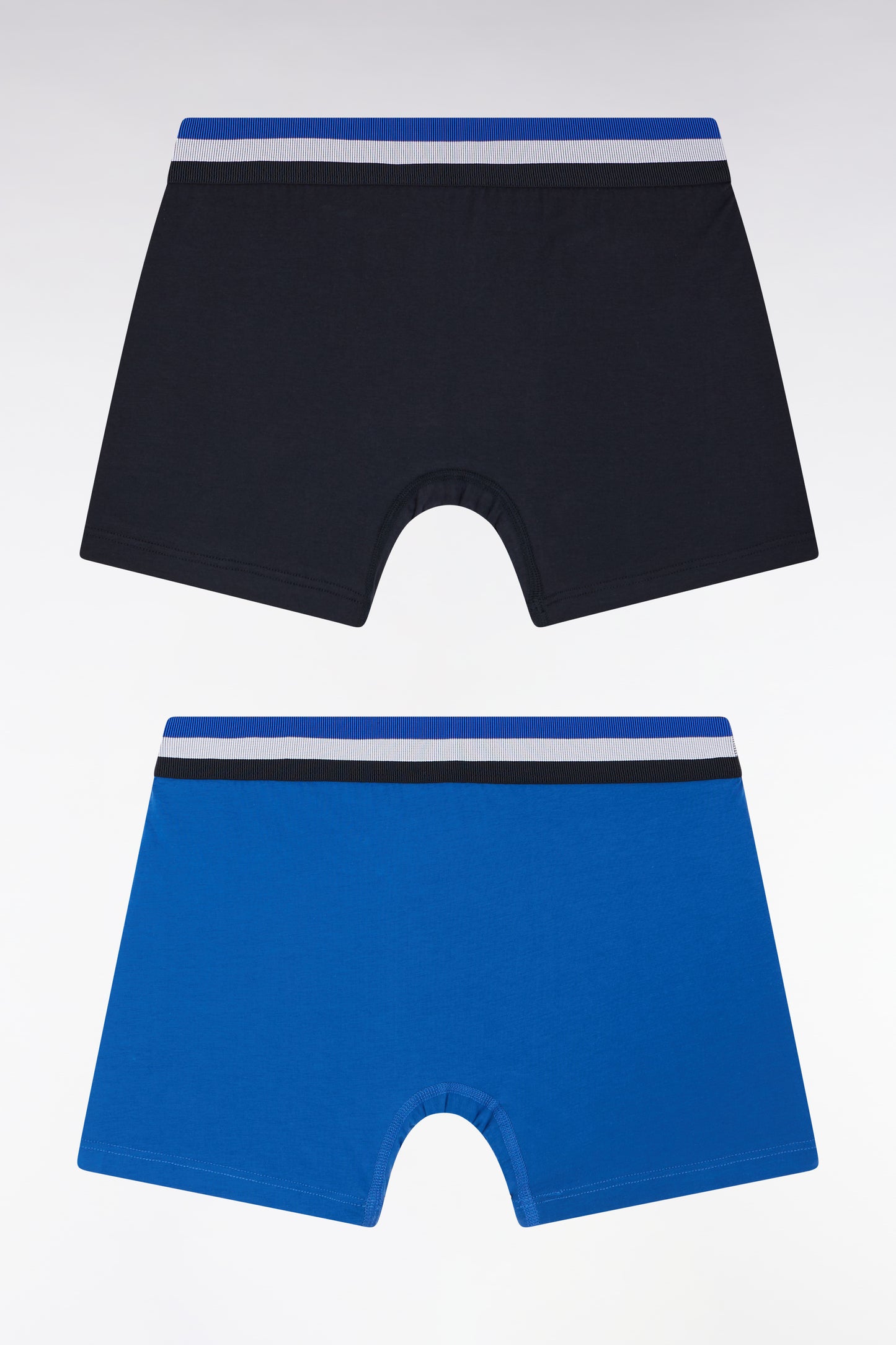 Set of two plain stretch cotton jersey boxers with navy and blue three-tone elastic waistband
