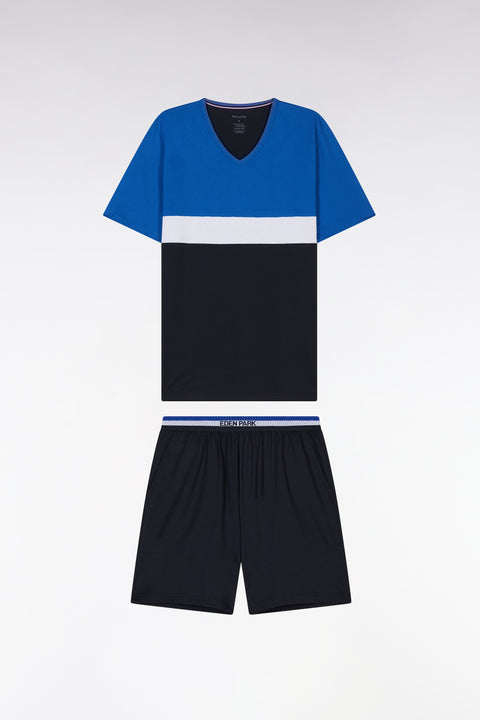Short pyjamas in navy blue and white cotton jersey shorts with striped details - Image 1