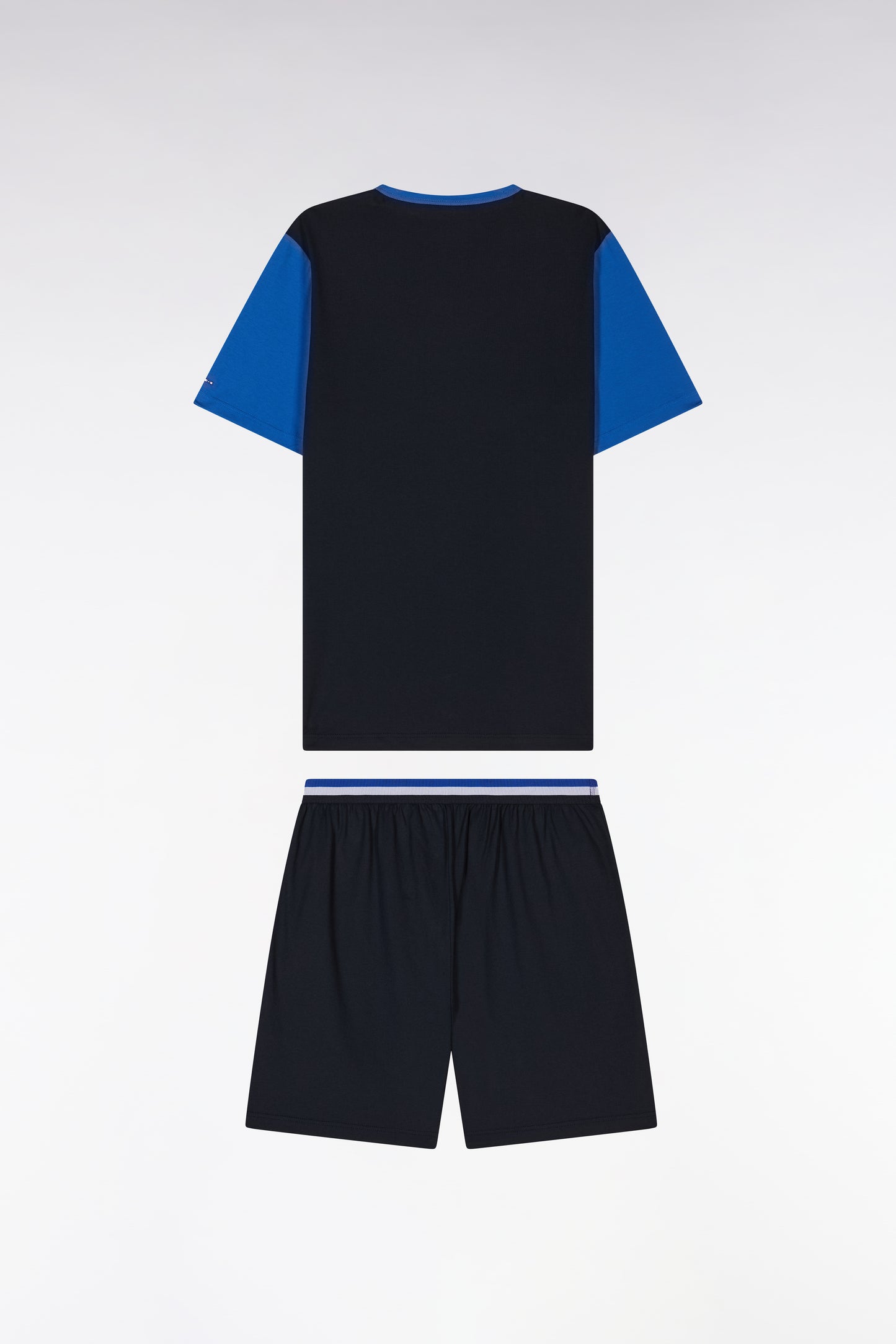 Short pyjamas in navy blue and white cotton jersey shorts with striped details