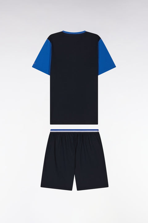 Short pyjamas in navy blue and white cotton jersey shorts with striped details - Image 2