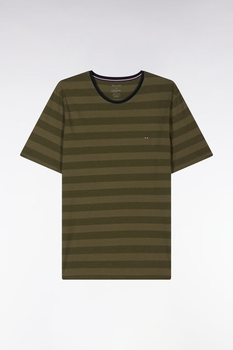 Pyjama court en jersey de coton T-shirt cerclé kaki short marine - Image 1