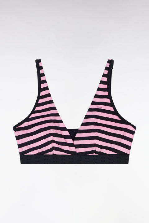 Soutien-gorge en coton stretch cerclé rose et marine élastique siglé - Image 1